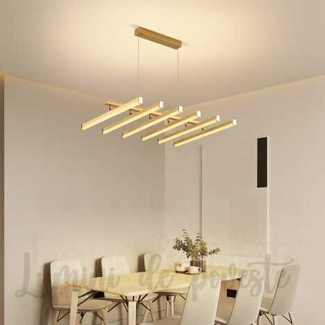 Candelabru LED 144W Lines Gold, LED inclus, 7 surse de iluminare, Telecomanda, Dimabil, Lumina: Cald